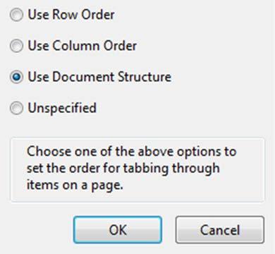 Set tab order to Use Document form fields, select No, Skip