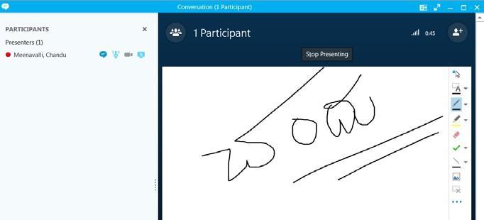 The Group Conversation window expands showing a stage for all participants to see the whiteboard. When a meeting participant writes on the whiteboard, everyone in the meeting can view what is written.