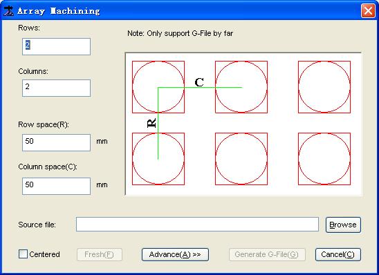 Array Machining This function allows executing array machining on one machining file. Clicking this item will open a dialog box, as illustrated below: Fig.