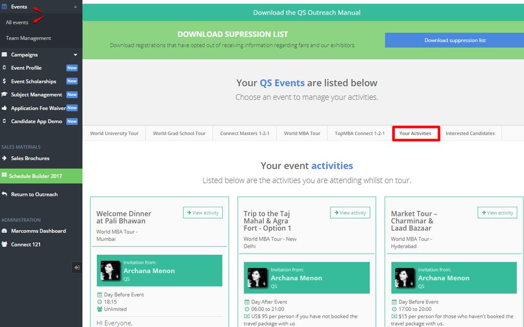 10. Other tabs: Your activities, Interested candidates Click on Events tab, then All
