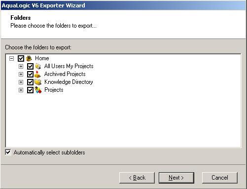 7. Click Next. The Folders screen appears. Navigate the AquaLogic folders and select the folders to export.
