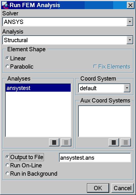 This opens the Run FEM Analysis dialog window shown here. In the Solver pull-down list at the top, select ANSYS. In the Analysis list, select Structural. You pick either Linear or Parabolic elements.
