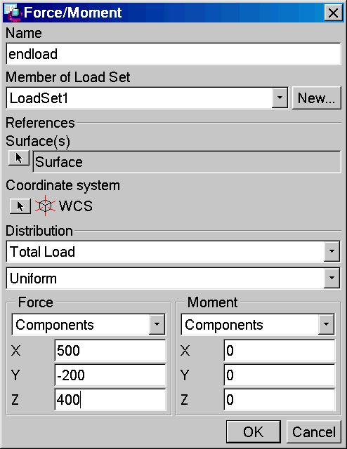 Defining Loads In the STRC MODEL menu select Loads > New > Surface The FORCE/MOMENT window opens as shown above. Loads are also organized into named load sets.