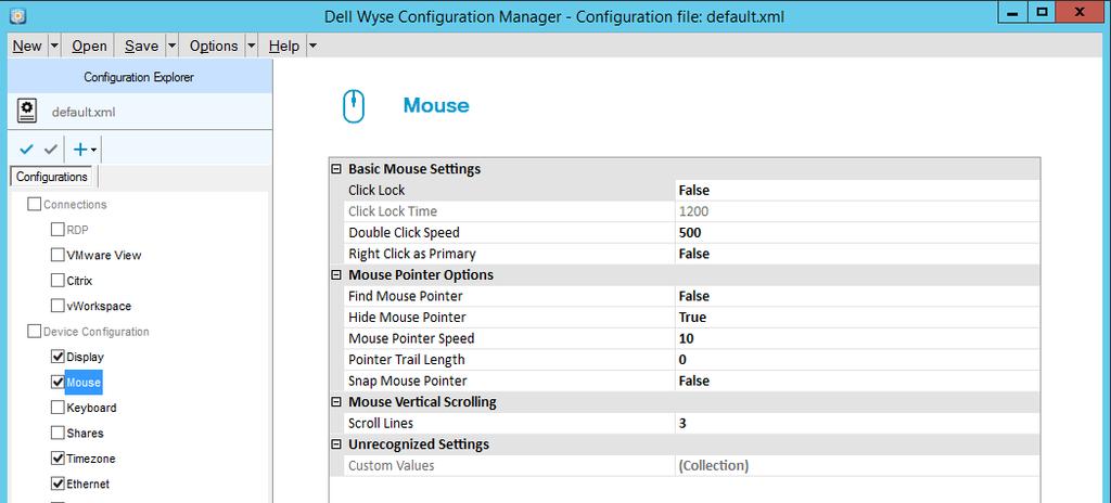 4.4.2 Edit Mouse Settings The Mouse settings typically do not need to be modified, and are therefore not included (not checked) in the template file.