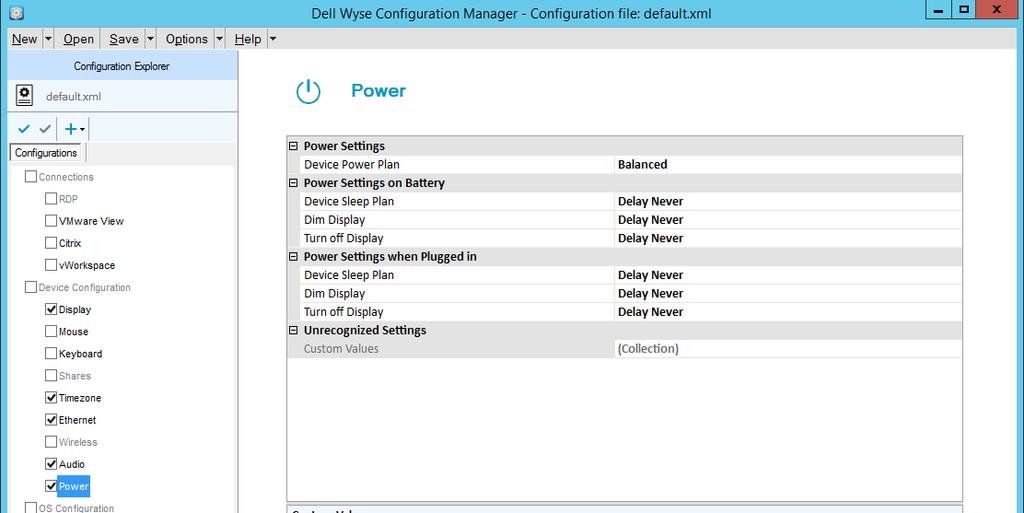 4.4.8 Edit Power Settings The Power settings are included in the template and are defaulted to the values shown. The clients are set to never sleep or turn off their displays by default.