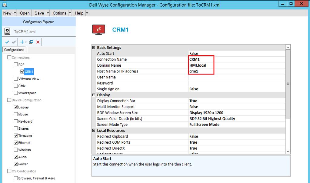 3. Rename the connection to CRM1 and add the CRM1 hostname or address and the system domain name. User Name and Password fields must be left blank. Single sign on should be left as False.