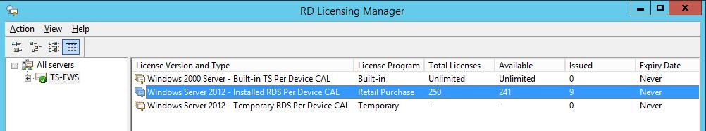 10.16 Determine Number of Available Client Licenses in RDS License Server Refer to the section Check the Location and Status of the RDS License Server for the procedure to launch the RD Licensing