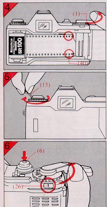 6) Turn the film advance lever (1) as far as it turns and press the shutter release button (6). Repeat until the number " I " appears in the frame counter (26).