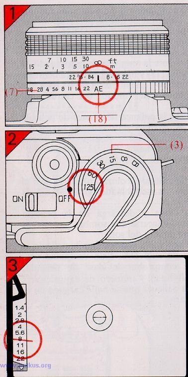6. Automatic exposure system (AE) 6. Automatic exposure system (AE) 1) Set the aperture ring (7) at the "AK" mark (18), and the aperture ring is then locked.