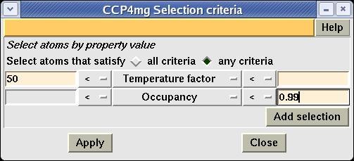 CCP4 Molecular Graphics - Atom Selection file:///e:/ccp4mg-win/help/selection.html Individual residue types (e.g. ALA or GLN) or groups of residue types (e.g. large or hydrophobic) can be selected.