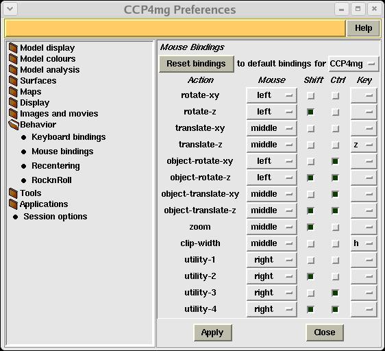 CCP4 Molecular Graphics - The graphics window file:///e:/ccp4mg-win/help/graphics_window.html This interface lists the actions and the mouse and key bindings for the action.