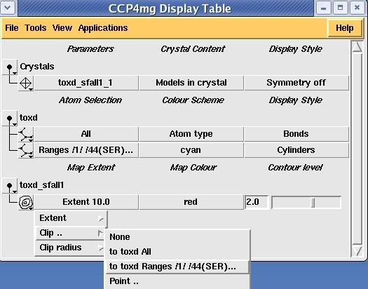 CCP4 Molecular Graphics - Electron Density Maps file:///e:/ccp4mg-win/help/maps.html After the map is loaded the map data object is listed in the display table and a Crystal object is also listed.