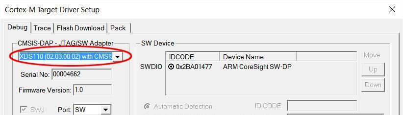 42. If you have the new firmware, you may proceed to select the TI XDS Debugger.