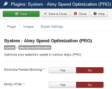 4.2 Options: Plugin Aimy Speed Optimization s functionality can be suited to your needs using the following configuration options, which are grouped in the tabs "Plugin" and "Expert Settings":