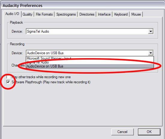 The Audacity Preferences window will come up (Figure 3). Select the USB audio device under the Recording selection as shown. Select Software Playthrough to hear the audio while recording.