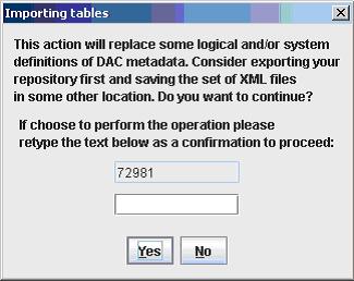 Creating the Oracle Business Analytics Warehouse Tables 7. To confirm that you want to import the seed data selected, re-type the text in the text box and click Yes. 8.