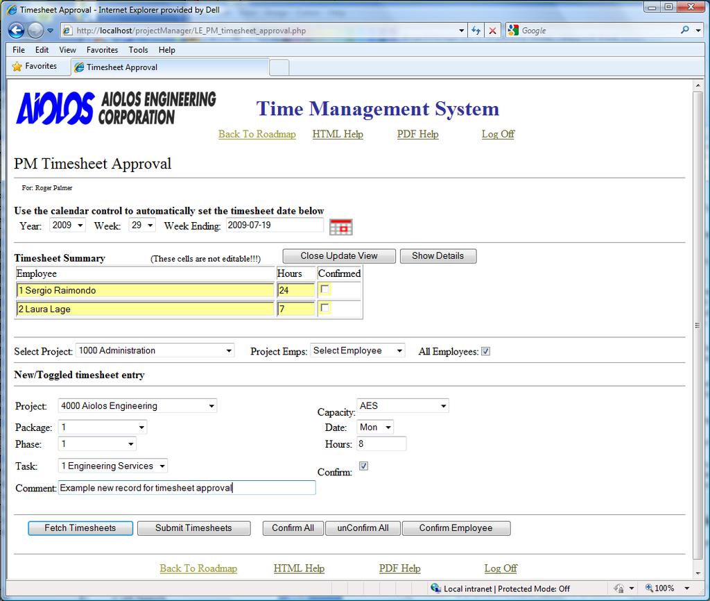 Timesheets button. The page will refresh after the submit operation with the actual data saved in the underlying database.