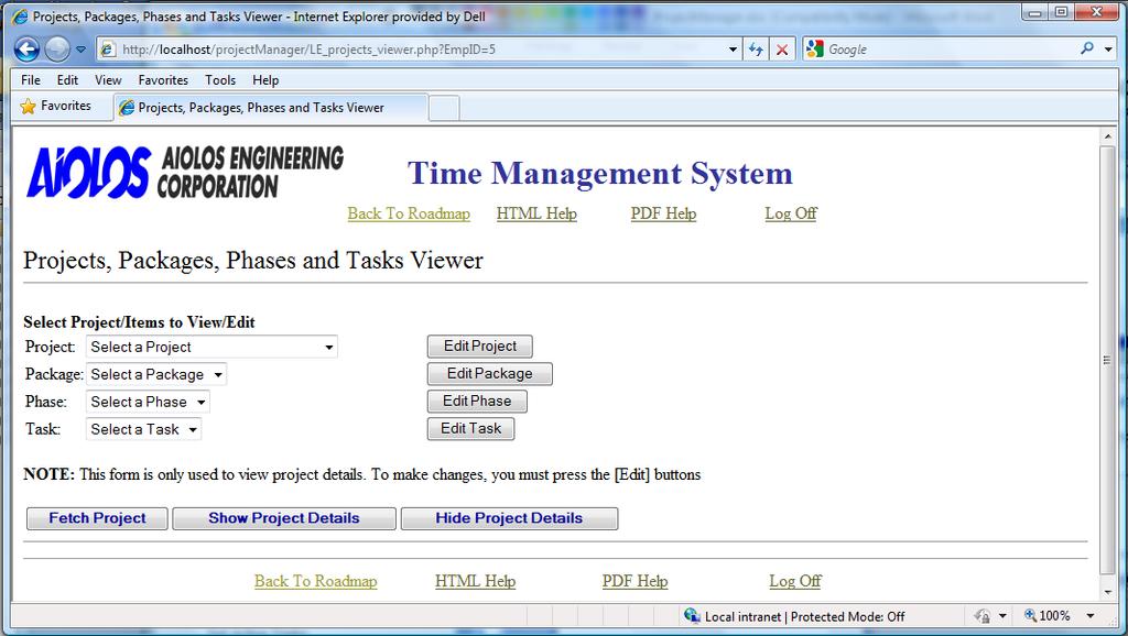 Figure 48: Project Viewer web page This web page allows you to view details for an entire project at once.