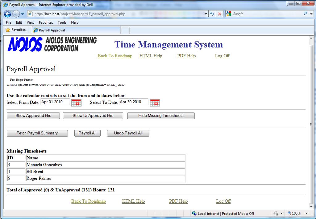 Figure 66: Payroll Approval web page - Missing Timesheets view Payroll Summary The Payroll Summary web page is used to display payroll expenses for a specific date interval.