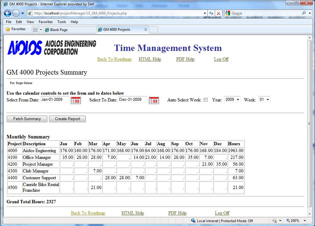 Figure 85: GM 4000 Projects Summary web page - Monthly Summary After you select the date interval, click the Fetch Summary button to refresh the web page with the appropriate summary data.