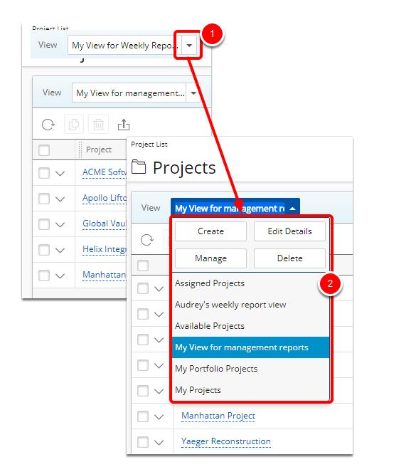 2.1. Clicking the Delete button within the View options in Project List page. 2.1.1. Click View 1.