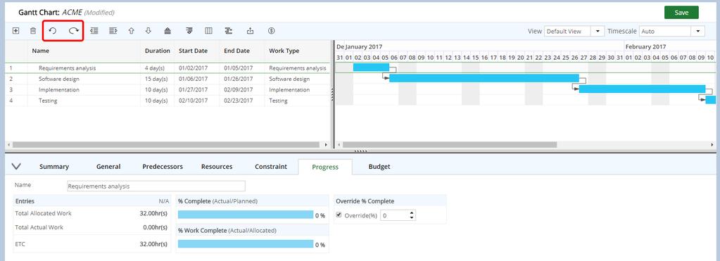 Complete of a Task. Upon selecting the Override(%) option, a value can be selected, and the progress bar in the Gantt Chart is updated accordingly.