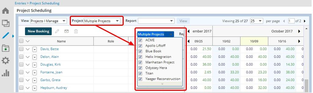Displaying of Multiple Projects for the Project SchedulingWork Plan Description: Addition of a multi-select feature for multiple projects to display simultaneously on the Project Scheduling Work Plan.
