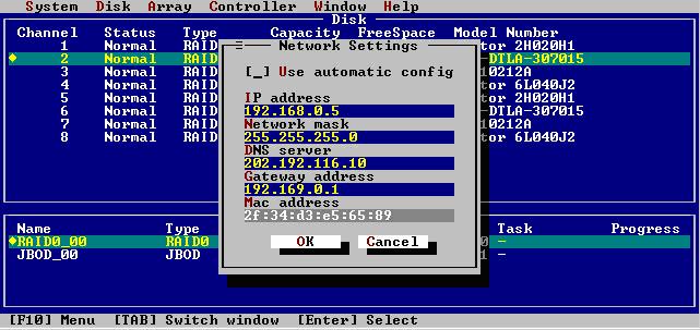RocketRAID 3522 BIOS Utility Network Setting Use this menu to configure the RocketRAID card s network settings.