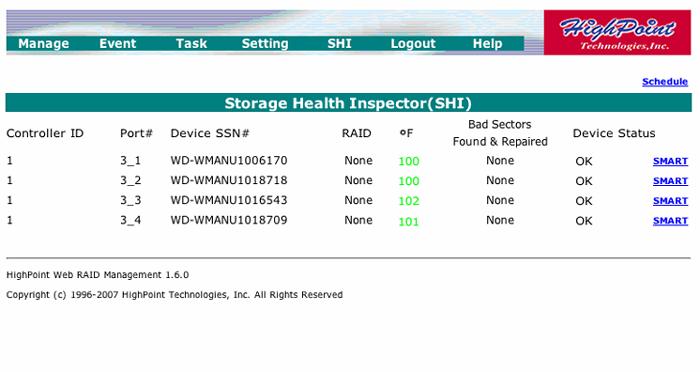 SHI Storage Health Inspector The primary SHI interface displays a brief health