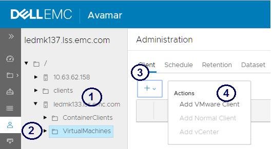 Performing a VM backup 1. Expand vcenter. 2. Click VirtualMachines. 3. Click plus sign. 4. Select Add VMware Client. c. On the Select VMware Entity window, enable the Host/Cluster button.