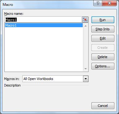 This dialog box will display: Select Macro1 from list