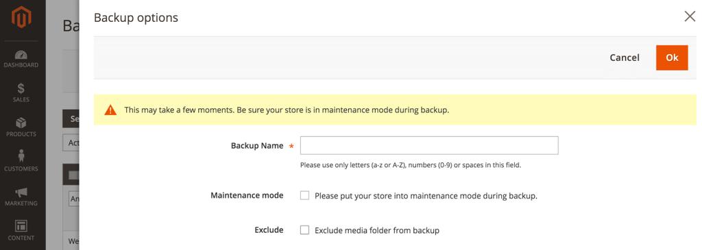 How to create a backup of Magento using the admin interface? To create a backup of Magento, follow these steps: Browse to Magento's administration panel.