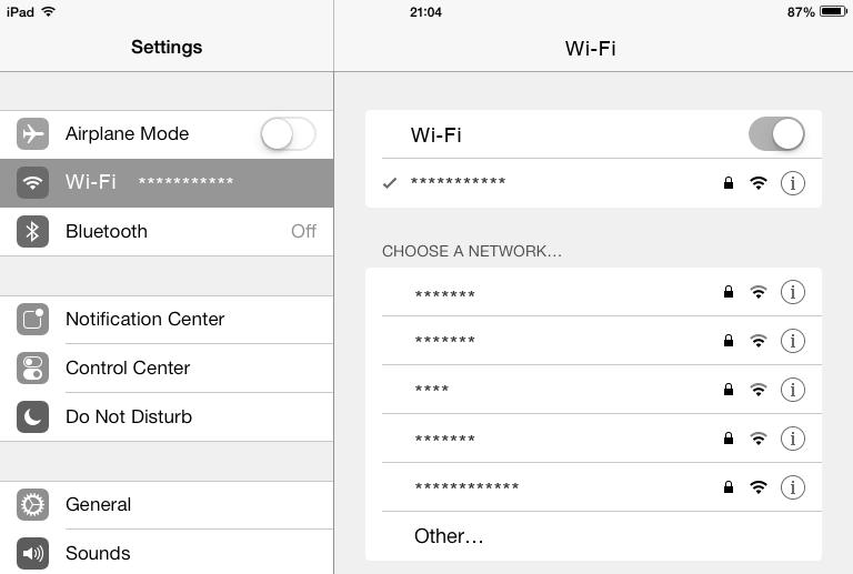 Example 2: Connecting to a Tablet Computer (for example, ipad) through Wi-Fi 1. Touch Settings > Wi-Fi to turn on WLAN. 2. The tablet computer automatically searches for wireless connections and displays a list of access points.