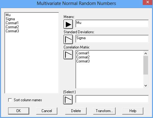Data Input To generate random numbers for m variables, choose Multivariate Normal Random Numbers from the Tools menu.