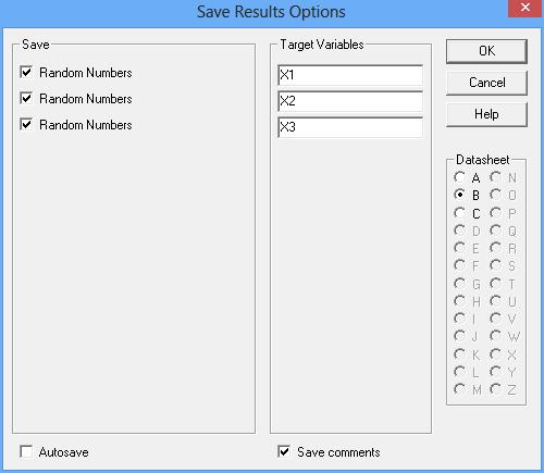 Save Results To save the generated random numbers to the Databook, press the Save Results button on the analysis toolbar. This displays the dialog box shown below: Save: check all of the checkboxes.