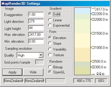 MapRender3D Pro transition options Illumination & Shading Hypsometric Coloring most controls are in 1 single palette OPTIONS > SHOW/HIDE SETTINGS OPTIONS >