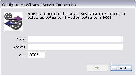 To connect to your MassTransit server, go to the File Menu and select Connect to Server; the MassTransit Servers window appears. 3. Add the server you wish to connect to: a.