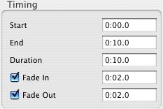 Using the inspector, set the duration to 10 seconds, fade-in to 2 seconds, and fade-out to 2 seconds. 23.