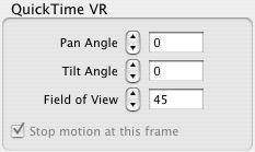 Instead of editing the frame and zoom, as on a photo, you edit the pan angle, tilt angle, and the field of view on the QuickTime VR scene (see the section called Editing QuickTime VR key frames ).