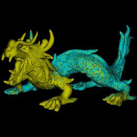 Right: The Asian Dragon model with level of detail visualized in false color.