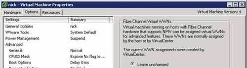 Step 1: Assign specific World Wide Names to the VM Jenny uses the VMware Infrastructure client to generate and assign WWNs to the Virtual Machine after having assigned an RDM LUN to the VM for the