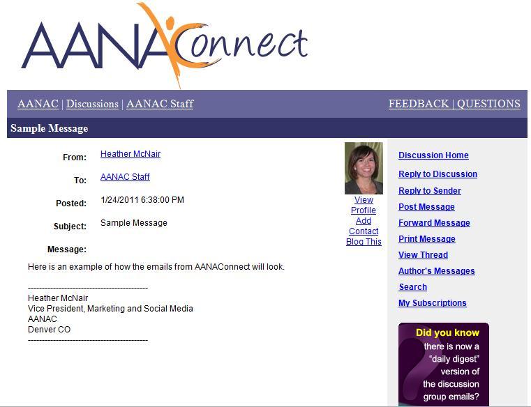 Email from AANAConnect looks like