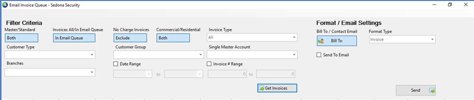 The Email Invoice Queue is where the batch emailing of invoices takes place. The list of displayed invoices to be emailed depends upon the filters chosen by the User.