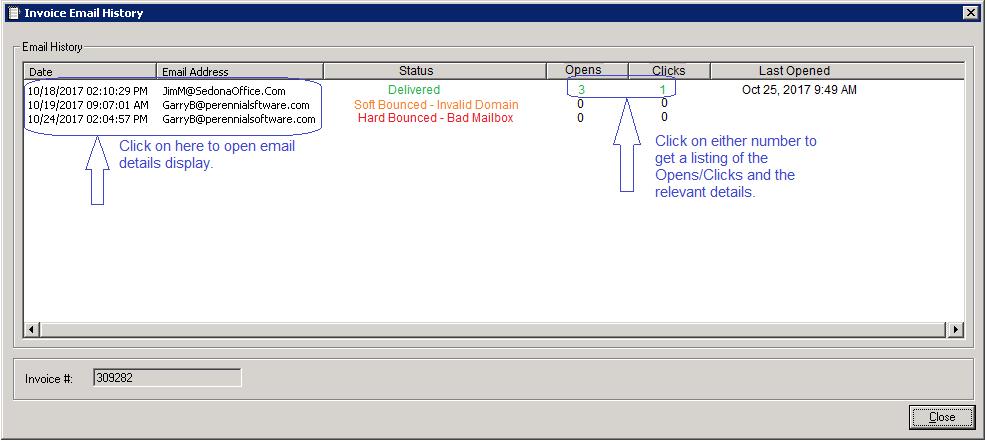 Expanded Email History Display and Functionality Clicking the Email History Button opens the Invoice Email History window.
