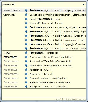 Figure 11. Using the Task List Pressing Ctrl+3 within Simplicity Studio brings up a quick-access console for locating any menu or view within the IDE. For example, press Ctrl+3 and type Preferences.