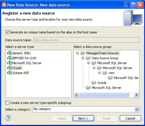 The Data Source Explorer view provides an organizational tree of registered data sources and the parameters associated with them.