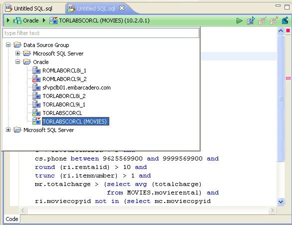 The pair of drop-down menus indicate that the SQL file is associated with the dataotb19 data source and EMBCM database.