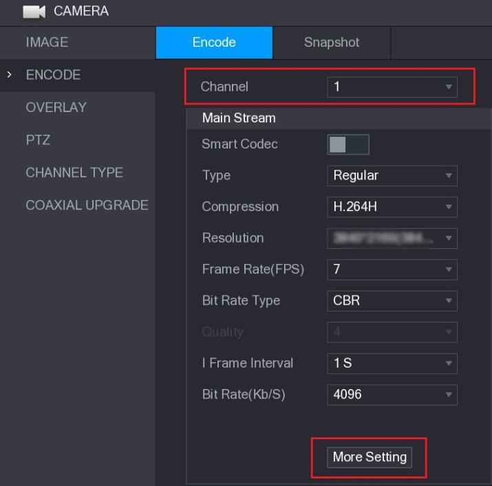 Step 2 Step 3 Figure 4-3 In the Channel list, select the camera that you want to configure according to the coaxial port number. In the Main Stream column, click More Setting.