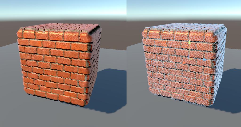 Example The Unity default cube with a CFTD Distance Based shader with a tessellation setting of 32 (the maximum level).