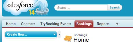 bar (Home, Contacts, TryBooking Events, Bookings, and Reports).